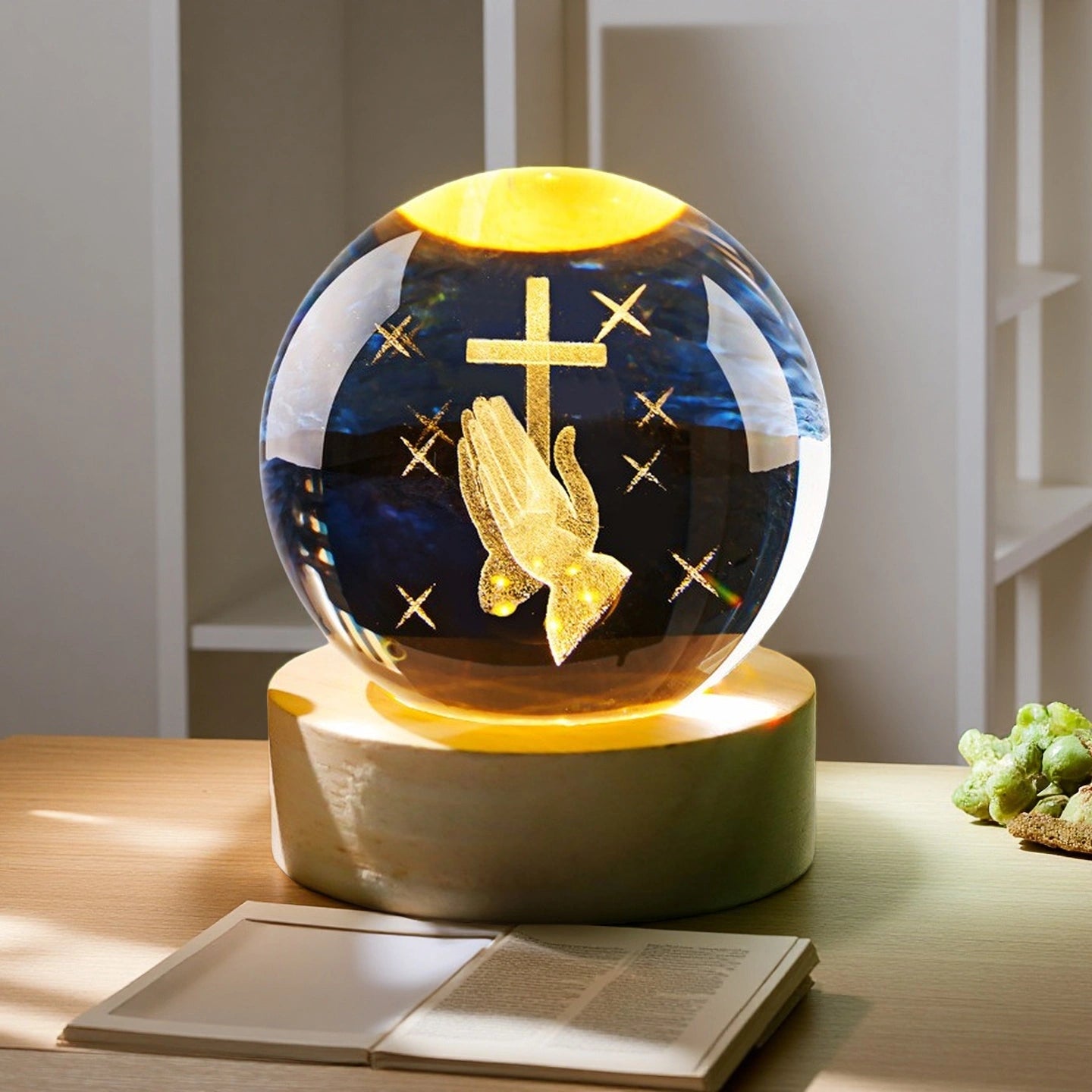 Cross Crystal Ball Night Light | Glowing Cross with Natural Crystal, Prayer & Meditation Ambient Lamp