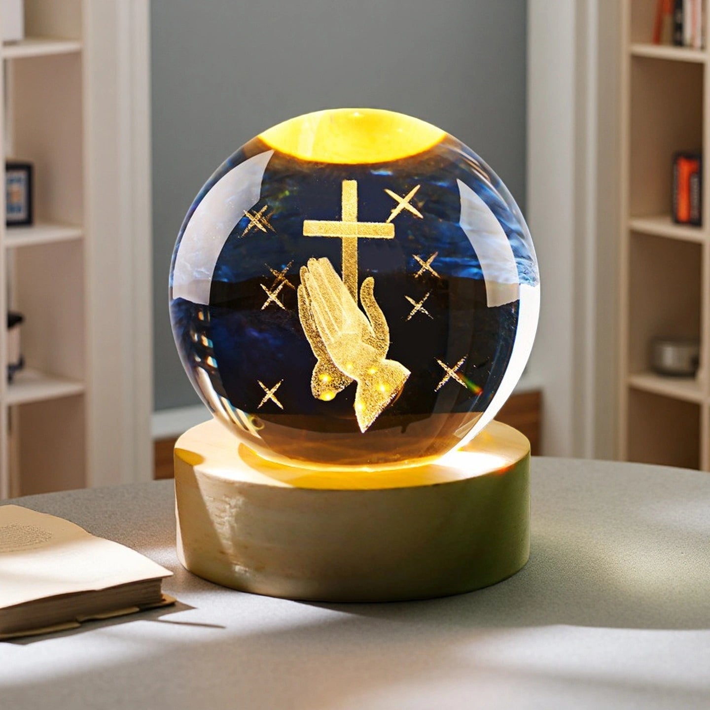 Cross Crystal Ball Night Light | Glowing Cross with Natural Crystal, Prayer & Meditation Ambient Lamp